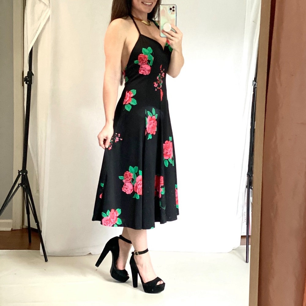 1980s True Vintage New Leaf Rose Floral Fit and Flare Halter Midi Dress XS / 26